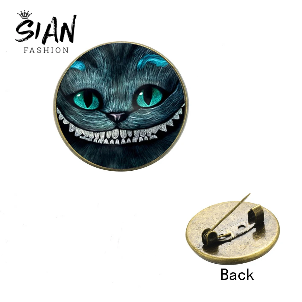 

SIAN Crazy Smiling Cheshire Cat Brooch Pins We’re All Mad Here Quote Color Printed Glass Brooches Icons for Backpack Cap Clothes
