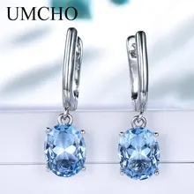 UMCHO Blue Topaz Gemstone Clip Earrings for Women Genuine 925 Sterling Silver Fashion Earrings Bridal Wedding Jewelry Party Gift