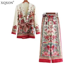 XQXON женский костюм Ретро стиль цветочный узор Блейзер Европейский Стиль Повседневный праздничный пиджак+ брюки костюмы пижамы