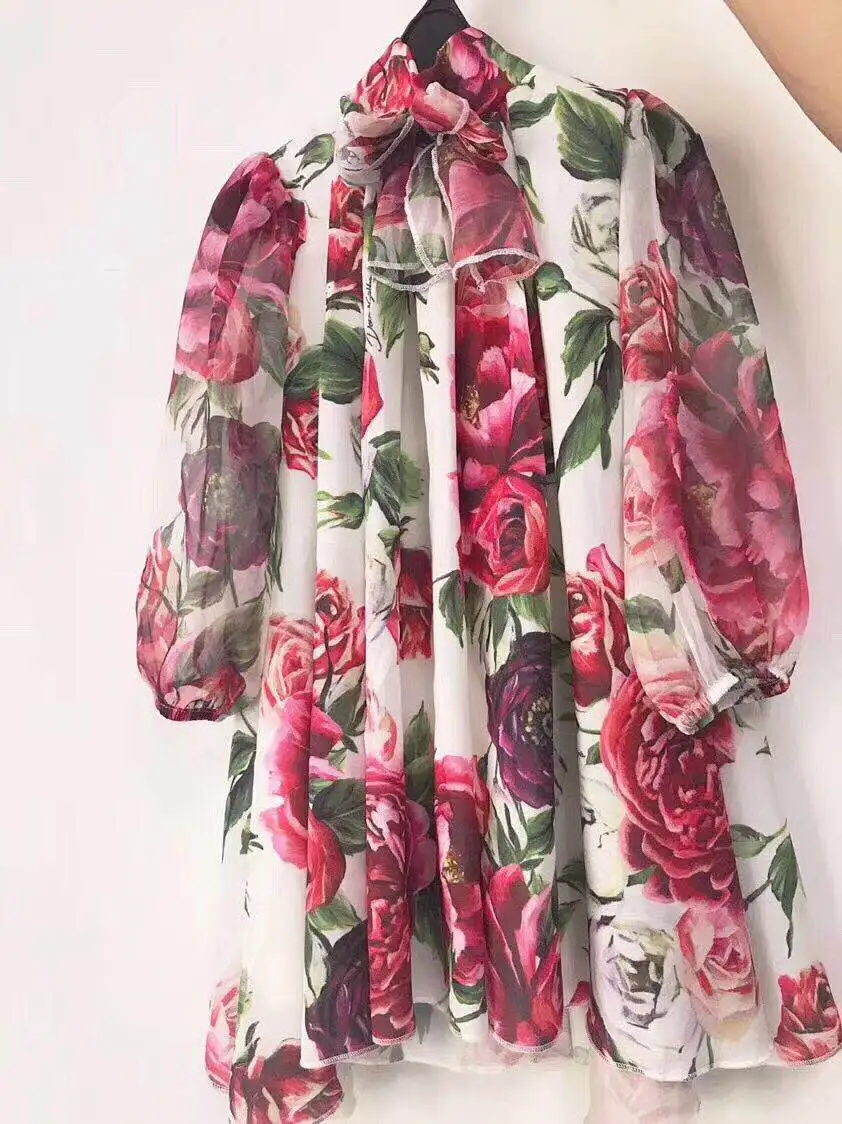 

2018 Spring&Autumn Flower Printed Silk Girls Dress Bow Collar Long Sleeves Kids Girls Clothing Dress Girls 3 4 6 8 10 12 Years
