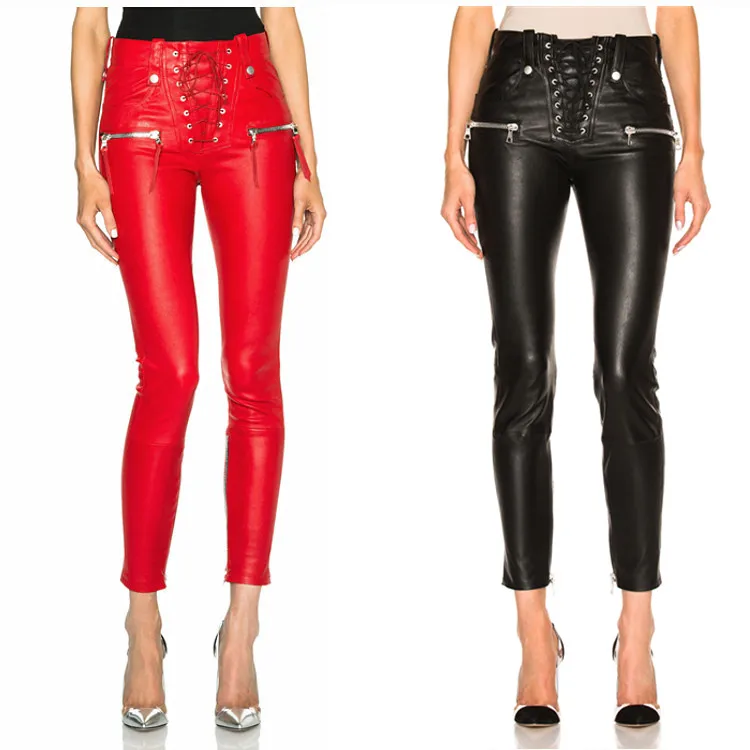 

2019 spring new Fashion Brand longer pu leather pants autumn Female package hip Quality bandage Slim Pencil Pants wq762 dropship