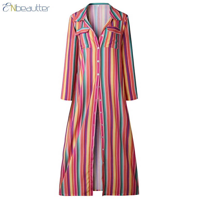  ENbeautter Woman Dress Colorful Striped Print Shi...