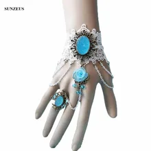 Красивые кружевные перчатки невесты с голубыми бусинами, свадебные перчатки с цветами, новое кольцо, аксессуары для браслета,, BV-021