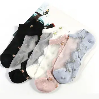 

1 pair Woman Ultra-thin Crystal Silk Socks Cotton Bottom Summer Jacquard Crystal Socks Flower Glass Silk Socks