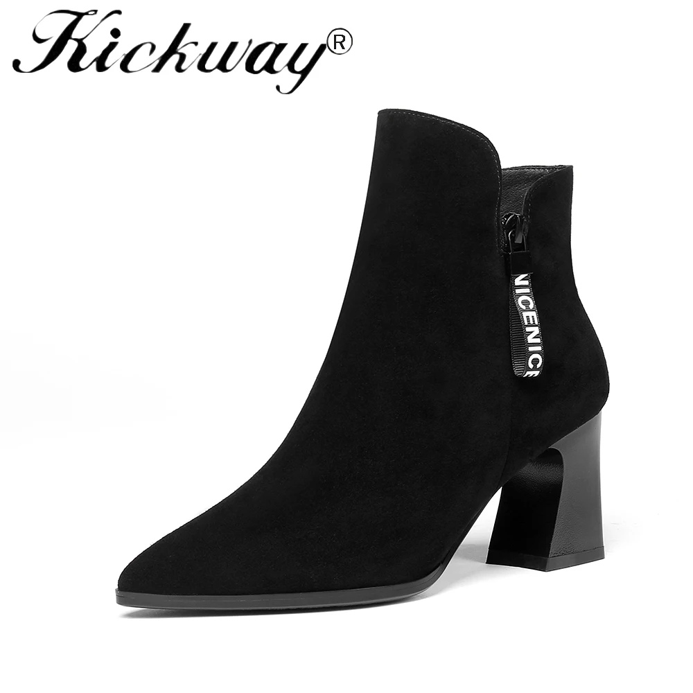 

Kickway Women Ankle Boots Plus Size 34-42 Zipper Thick High Heel Solid Woman Boots Fashion Shoes Black Pointed Toe botas mujer