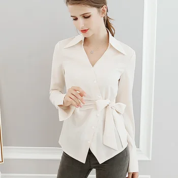 

Sale New Long sleeve Turn-down Collar Casual Solid Vogue chiffon shirt spring summer Slim Temperament Blouse Women