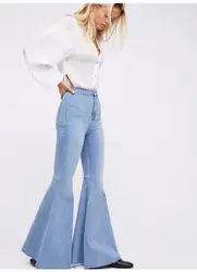 2018 осень высокая талия модные джинсы с хлопковые длинные штаны женские плед denim flare Штаны Винтаж рваные джинсы