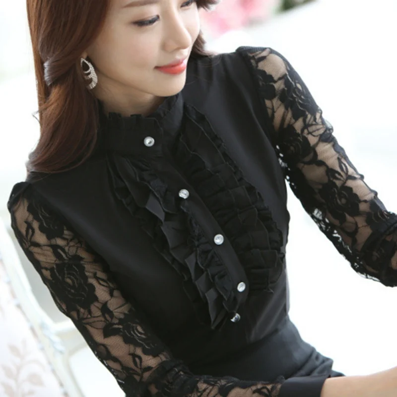 WEIXINBUY Feminine Blouse 2018 Summer Shirt Top Shirts Lace Chiffon Women Blouse Long Sleeve Elegant Office Blouse White Shirt Blouses