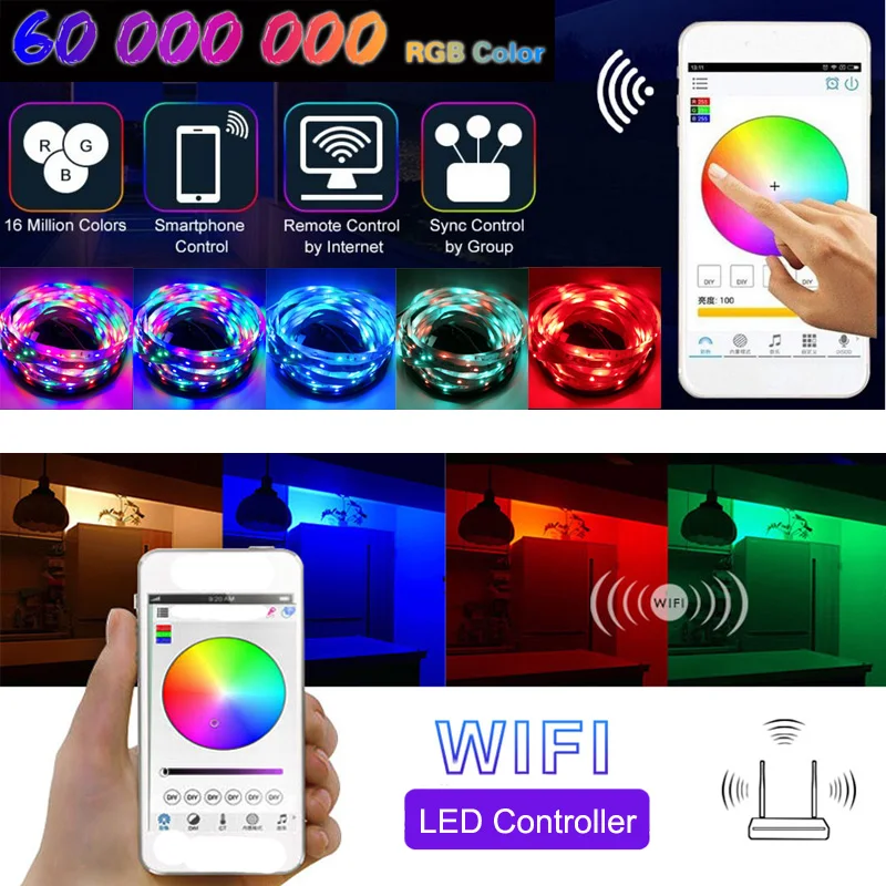 Wi-Fi, цветная(RGB) Светодиодные ленты 12В гибкий светодиодный лента SMD 2835 Водонепроницаемый полоса веревка струнные лампы светильник+ светодиодный контроллер Wi-Fi+ адаптер для розеток европейского стандарта