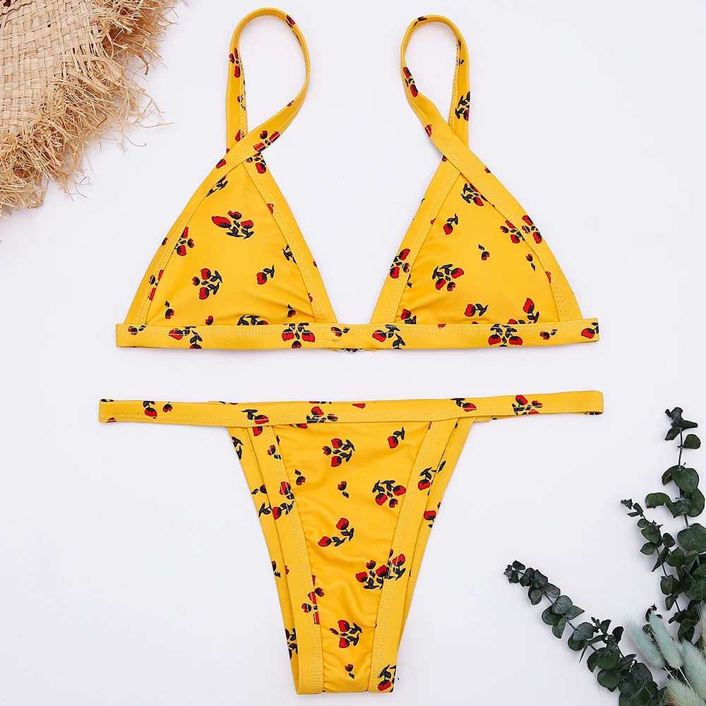 Bikini Padded Yellow Floral Print Bikini Set Women Straps Swimsuit Sexy ...