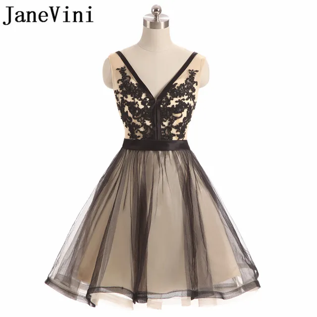 Cheap JaneVini 2018 Tulle Short Bridesmaid Dresses A-Line Sexy Backless V-Neck Lace Appliques Knee-Length Plus Size Vestiti Damigelle Cheap JaneVini 2018 Tulle Short Bridesmaid Dresses A-Line Sexy Backless V-Neck Lace Appliques Knee-Length Plus Size Vestiti Damigelle