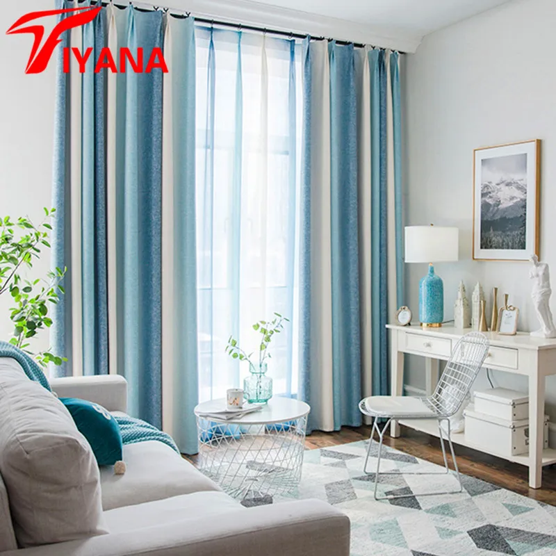 

Modern Nordic Simple Ctton Linen Living Room Curtains Custom Mediterranean Blue Striped Bedroom Curtain Fabric Yarn P109D3