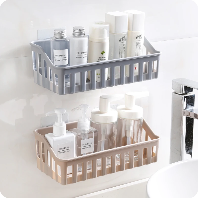 

Plastic Bathroom Kitchen Storage Rack Self Adhesive Wall Storage Shelf Rack Bathroom Sundries Holder 5 Colors