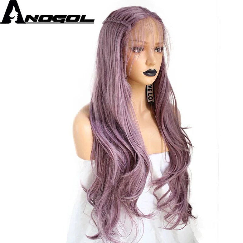 

Anogol Middle part Purple Braided High Temperature Fiber Long Natural Wave Synthetic Lace Front Wig For Women With Baby Hair