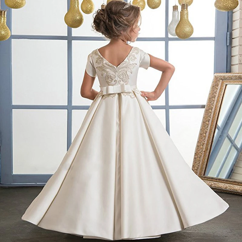 

France Flower Girl Dress 2018 Kids Prom Embroidery Princess Dress Floor Length Children Summer Dress Satin Party Dresses A53