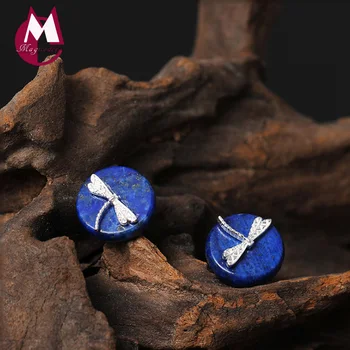 

100% 925 Sterling Silver Earrings For Women Original Design Natural Stone Lapis Stud Earrings Dragonfly Animal Fine Jewelry YE74