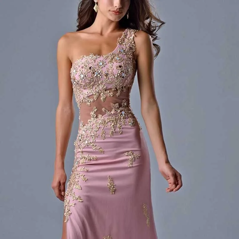 Всего одно плечо Vestidos с аппликациями ярко-розовый тюль с боковыми разрезами А-силуэта платье для выпускного вечера кристалл платья подружки невесты с бусинами