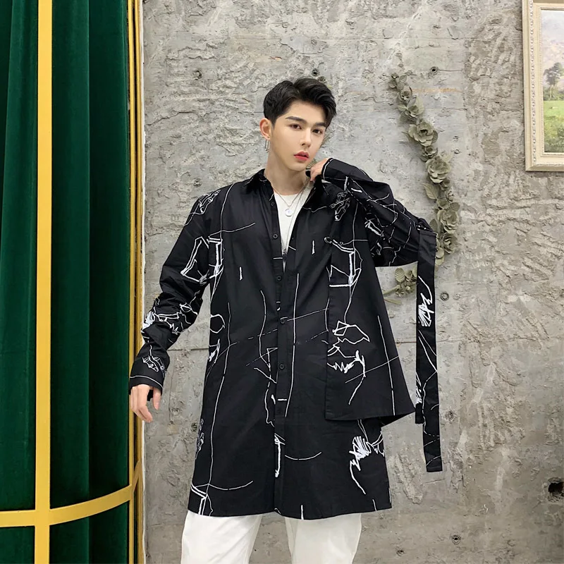 Модный хип-хоп панк Длинный Кардиган Camisa Masculina мужской китайский принт с длинным рукавом Повседневная рубашка куртка Мужская Уличная - Цвет: black