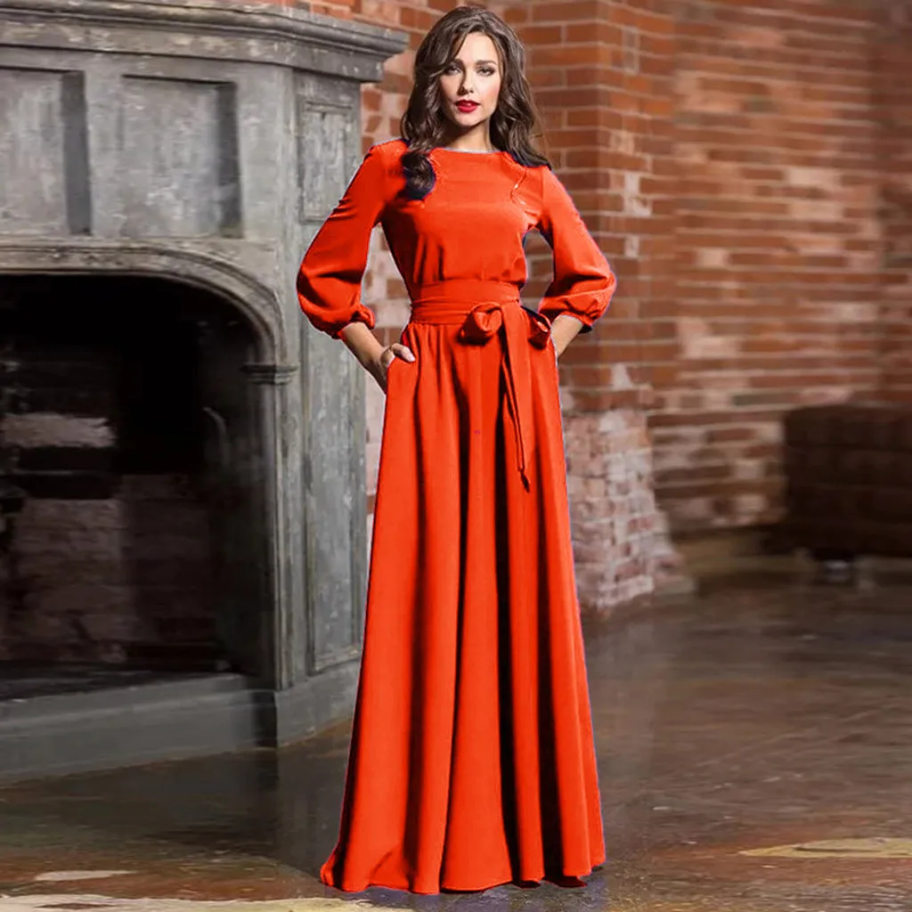 

Elegant Party Dress Women Autumn O Neck long Lantern Sleeve Maxi Dresses With Belt Fit And Flare Formal Dress Vestido Robe Femme