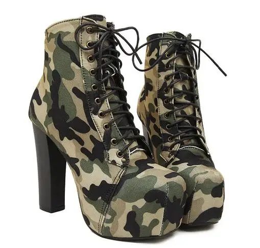 

Boots women Square head camouflage cloth lace-up cross strap high-heeled shoes waterproof Thick Crust Female Shoes