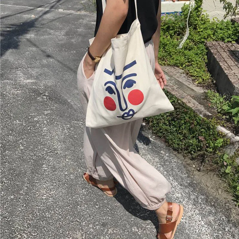 Новая женская летняя парусиновая сумка с рисунком, Женская Большая вместительная японская Милая забавная белая Повседневная модная сумка на плечо в стиле Харадзюку
