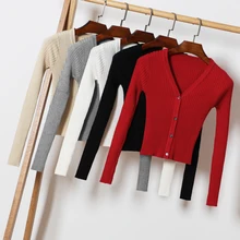 Весна-осень, Женский вязаный укороченный свитер с v-образным вырезом и длинным рукавом, кардиганы, женская трикотажная короткая эластичная верхняя одежда, пальто, Топ для женщин