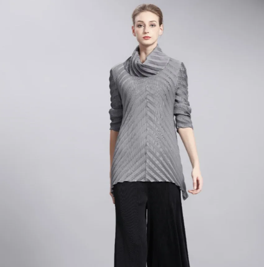 

autumn women Tops Vintage Full sleeve Solid pullover high collar shirts
