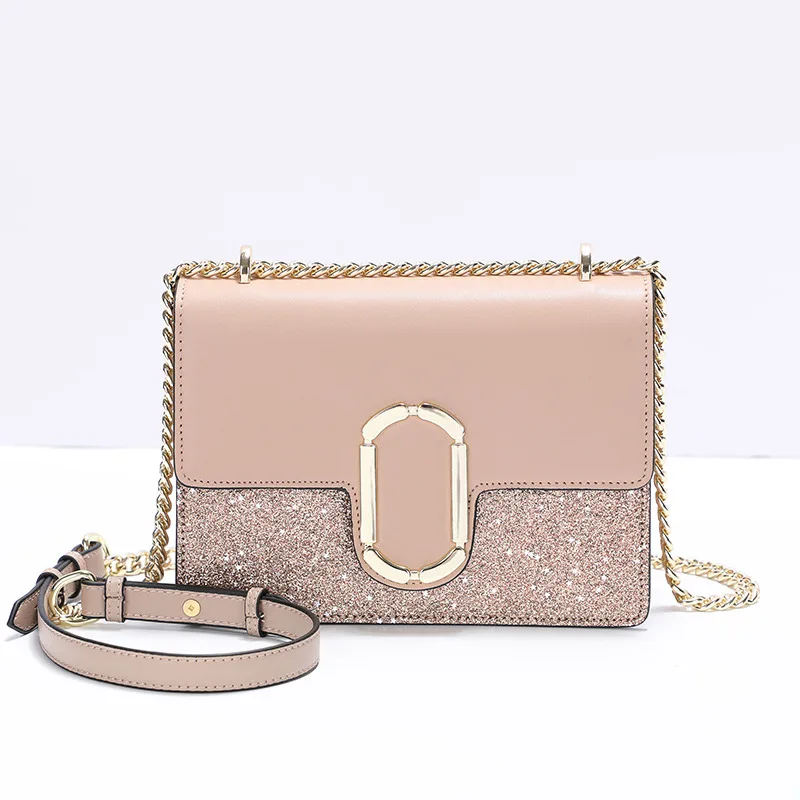 

2019 Lady Fashion Leather Shoulder Bag Khaki Sequined Hand Bag Purse Luxury Brand Square Box Bags
