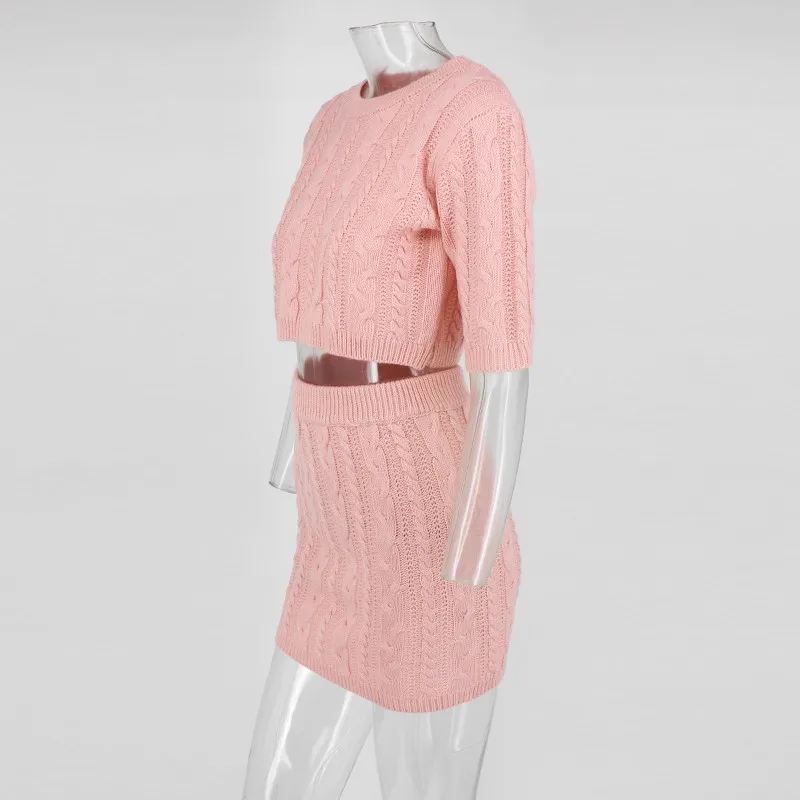 COSYGAL осень розовый витой вязаный комплект Топы+ юбка комплект из двух предметов толстый свитер Сексуальная Женский комплект 2 шт. вечернее платье наряды