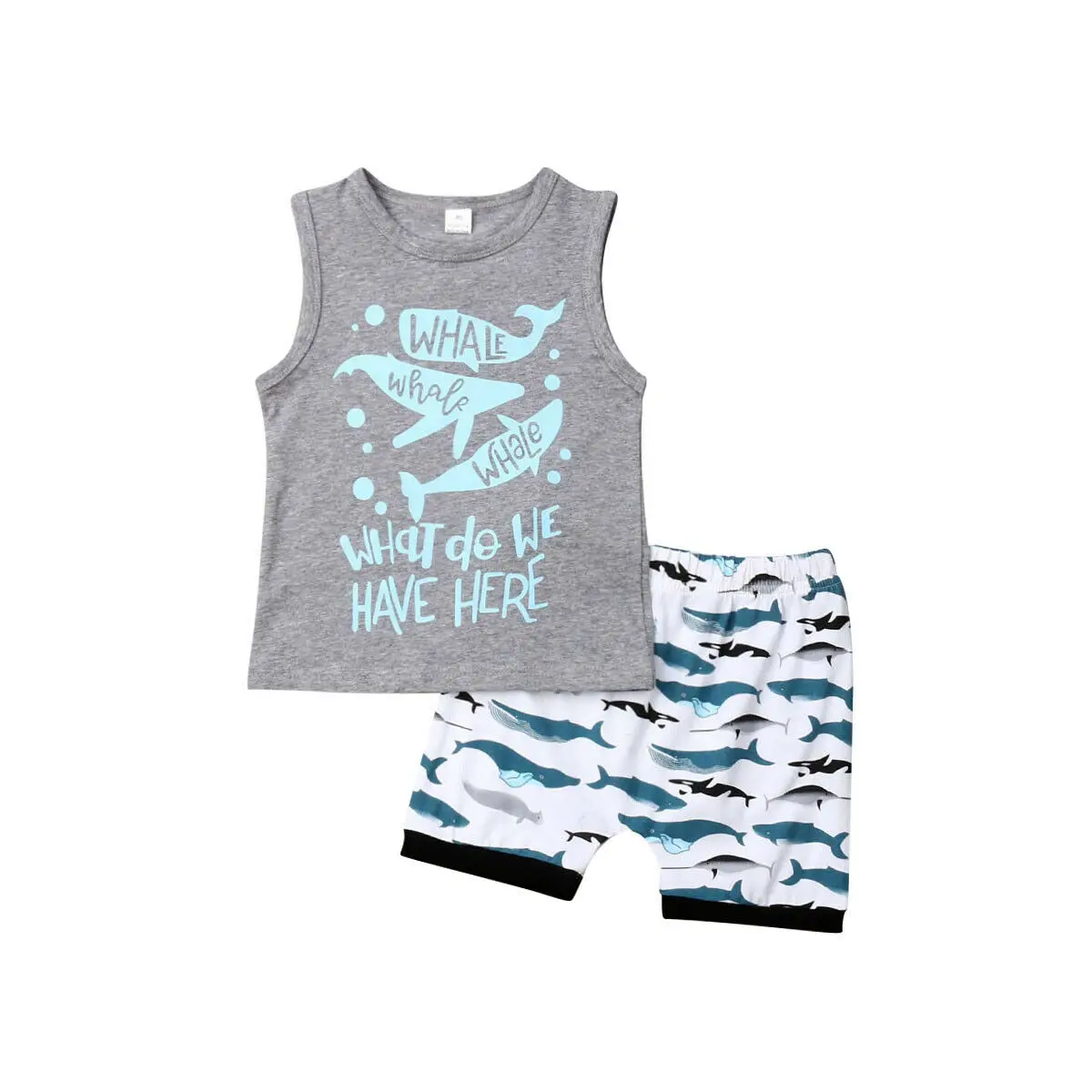 

Adorable Toddler Boy Whales Clothes Set Kids Gray Cartoon 2 Piece Outfits Sleeveless T Shirt + White Shorts