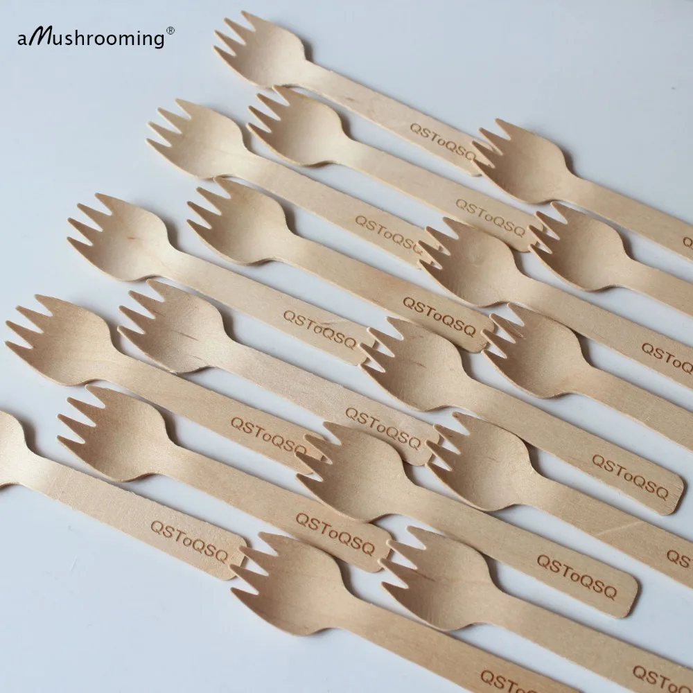 

x100 Personalized Small Wooden Forks Sporks with Name Engraved Rustic Vintage Wedding Party Favors Tableware Silverware