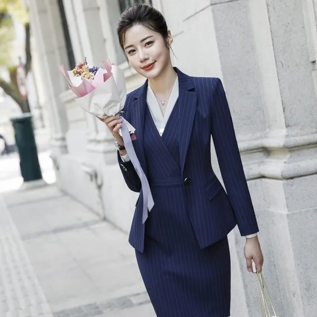 Women Work Wear Dress Suits for Lady 2019 Black White Nave Blue Striped Ladies Elegant 2 Piece Dresses Suit Office Outfits 4XL