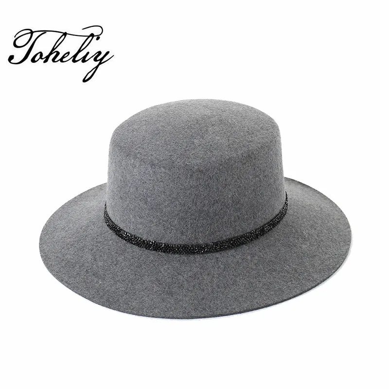 Autumn winter New Wool Simple flat top Hat For Women's Felt Wide Brim