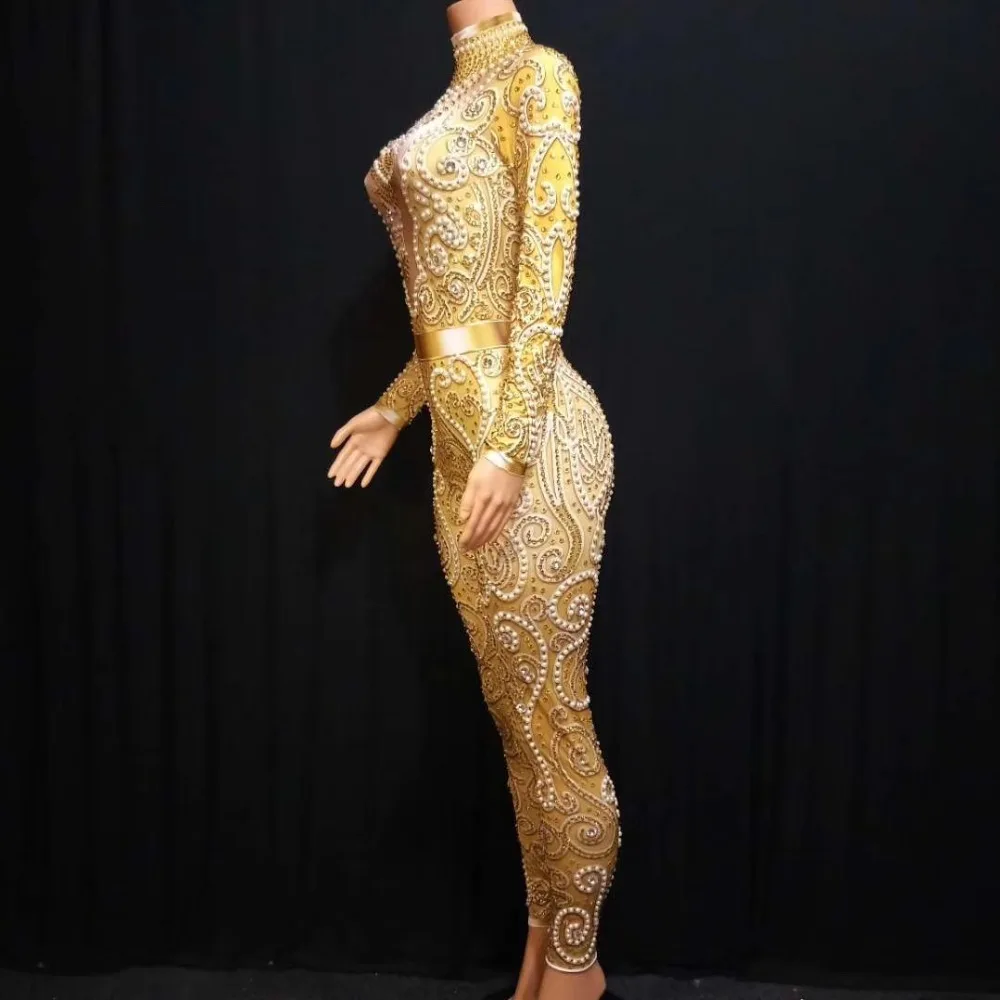 DJ Female Singer Dancer Costume Rhinestones Gold ColorJumpsuit One-piece Bodysuit Nightclub Oufit Party Rompers DJ1010