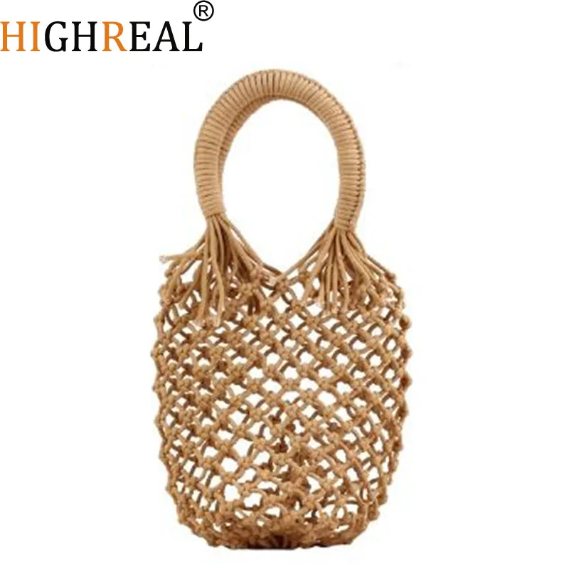

Women Handbags Mesh Rope Net Bags INS Chic Summer Beach Bags Cotton Hollow Out Basket Composite Bag Leisure Straw Bag for Girls