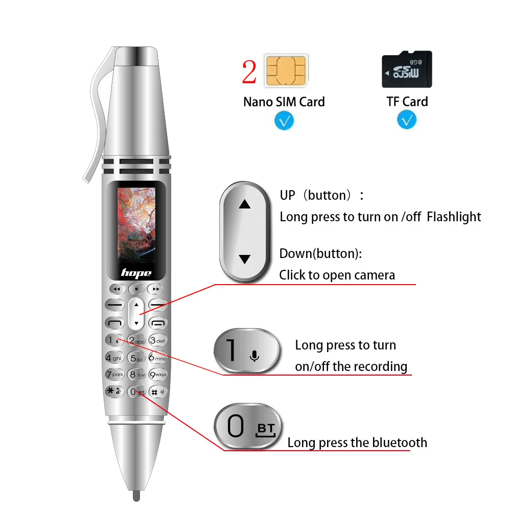 0,9" ручка в форме 2G для экран мобильного телефона Две sim-карты GSM для мобильного телефона номеронатор диктофон для записи голоса fm-радио