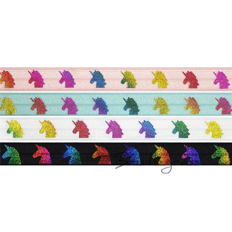 

BRISTLEGRASS 5 Yard 5/8" 1.5cm Rainbow Unicorn Print FOE Fold Over Elastic Spandex Satin Band Kid Headband Hair Tie Dress Sewing