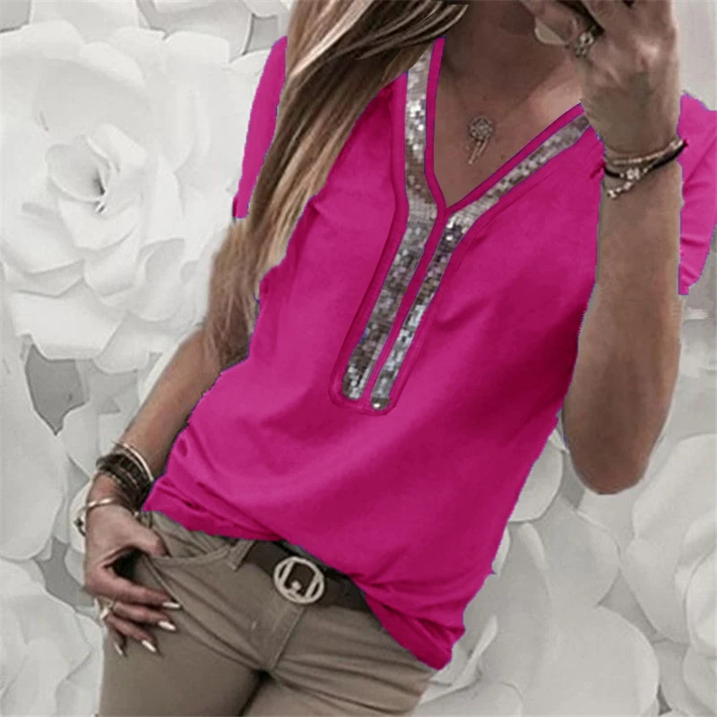 Женская шифоновая блуза с v-образным вырезом и пайетками, S-5XL, новинка, летняя Офисная Женская блузка с коротким рукавом, топы размера плюс, женская блуза