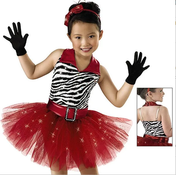 lovely child kids zebra red foil red tricot dance dress for girls/tap dance dress/jazz dance