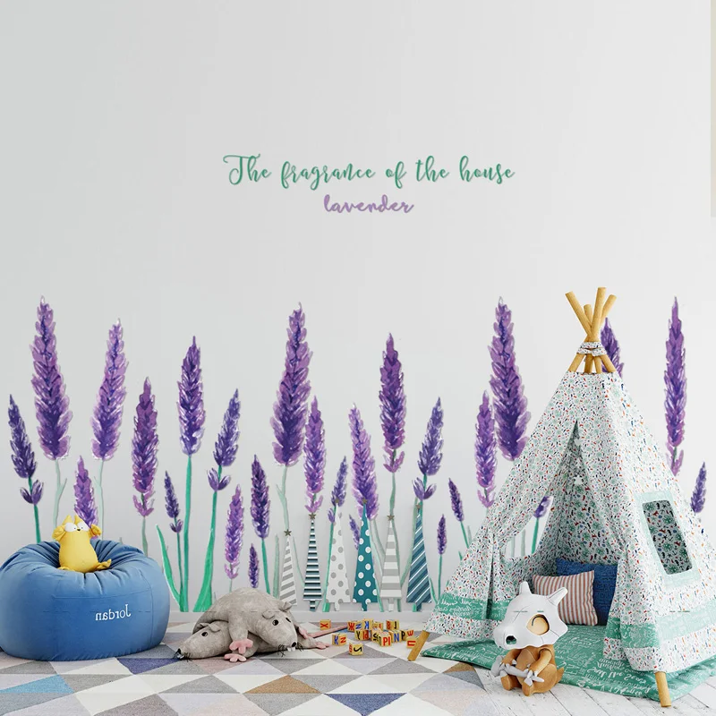 Purple lavender Wall Sticker Living room background home decoration Art Decals romantic Flower stickers Kick line Mural