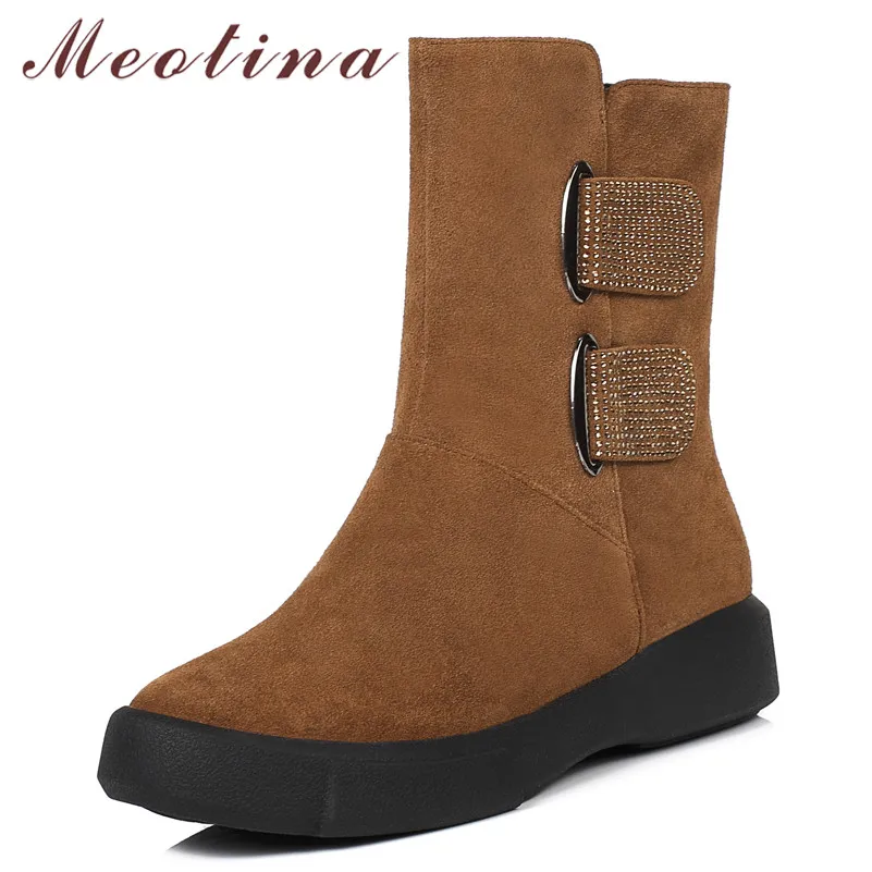 

Meotina Fall Ankle Boots Women Boots Cow Suede Zipper Flat Short Boots Rhinestone Round Toe Shoes Female Winter Black Size 34-39