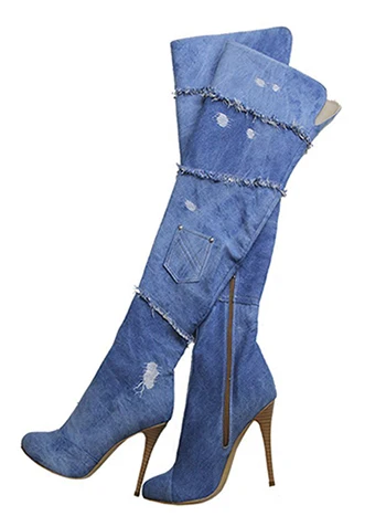 Новое поступление; синие джинсовые сапоги; женские сапоги до бедра на платформе; Сапоги выше колена с круглым носком на высоком каблуке; высокие сапоги на шпильке - Цвет: 17080100113