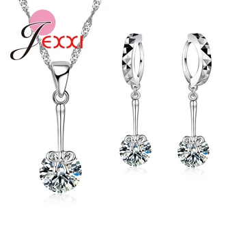 

New Fashion Design Bow With Shinny Round Austrian Crystal Pendants Women Necklace & Earrings 925 Sterling Silver Jewelry Set