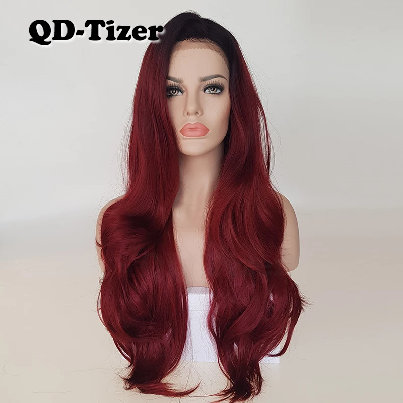 

QD-Tizer Burg Ombre Wavy Hair Fashion Color Heat Resistant Synthetic Lace Front Wigs Glueless Free Part Wigs for Women