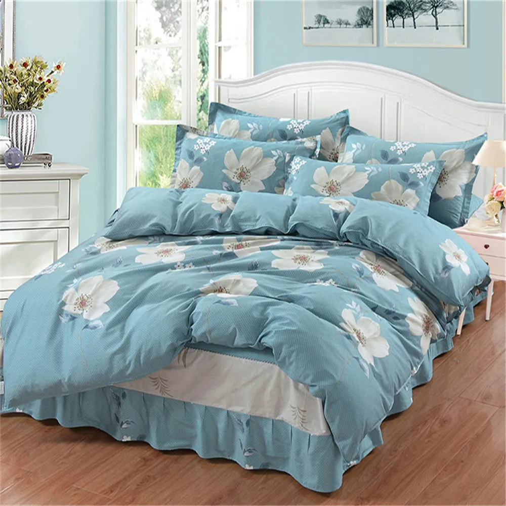Best Princess bed Ruffles Bed skirt 100%cotton printing blue Flower Duvet Cover Pillowcase Bedlinen 4pcs Queen King Size Bedding Set