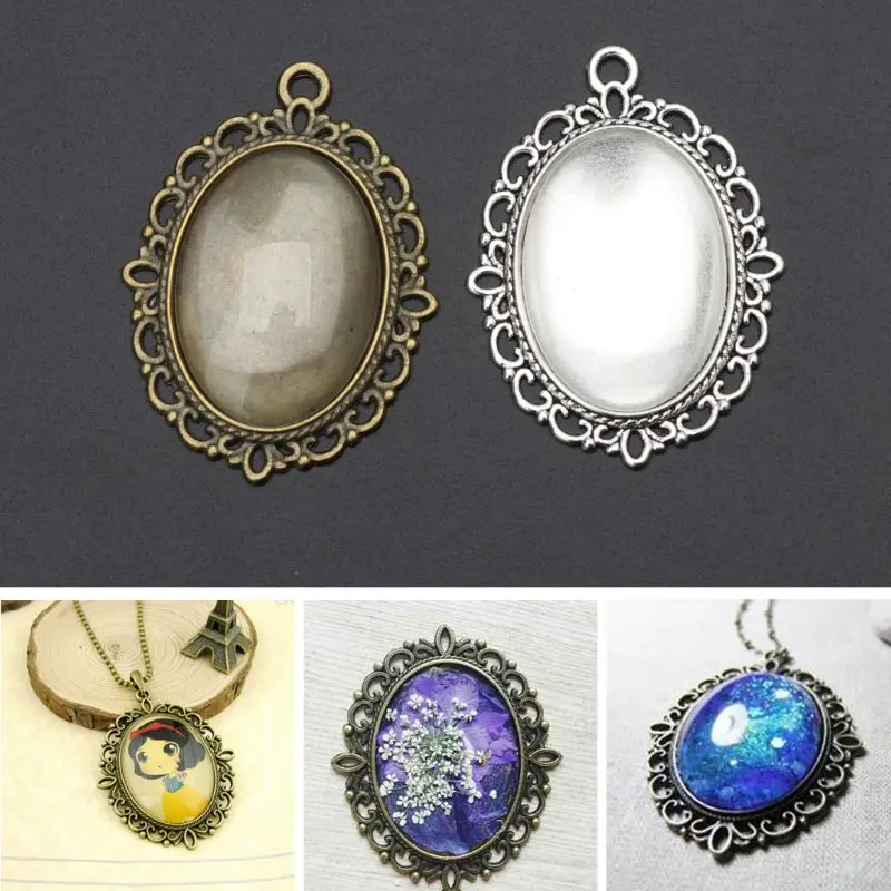 

10Pcs Oval Pendant Bezel Tray And 10Pcs Glass Dome Tiles Cabochon Jewelry Making Findings