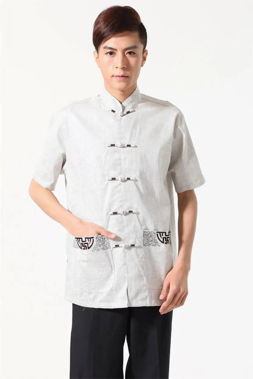 Новая мода летний Традиционный китайский Для мужчин's из хлопка и льна кунг-фу Рубашка с карманом костюм Размеры M L XL XXL XXXL M0050 - Цвет: gray