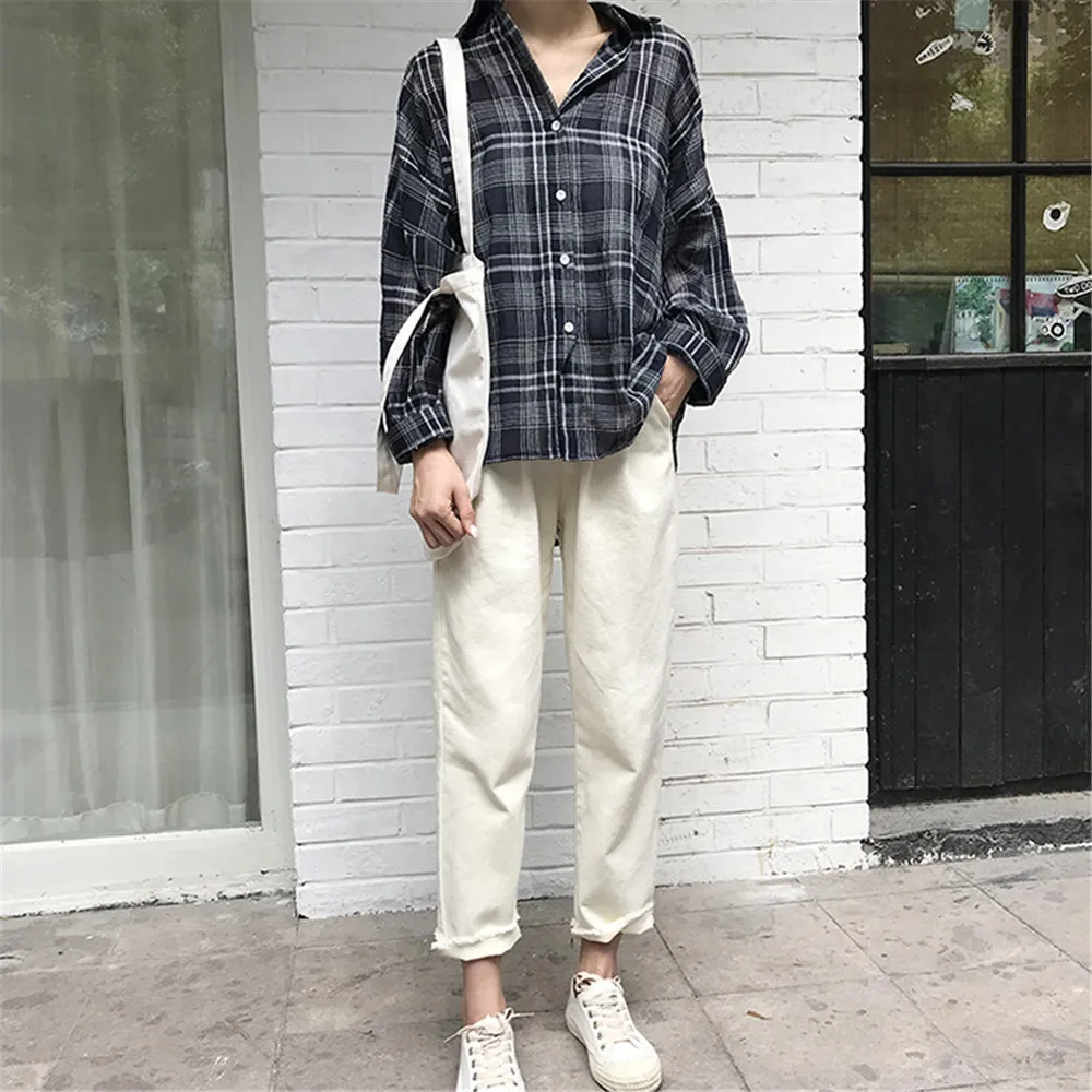  Wide Shoulder Plaid Women Blouses 2018 Autumn Linen Big Chest Plaid Shirts Loose Women Top Blusas Lantern Sleeve Clothing (16)