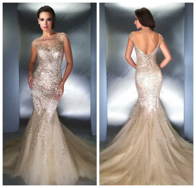 Mermaid Scoop Sexy Open Back Prom Dresses Long Train Nude Tulle Sequined Short Sleeves Gowns | Свадьбы и торжества