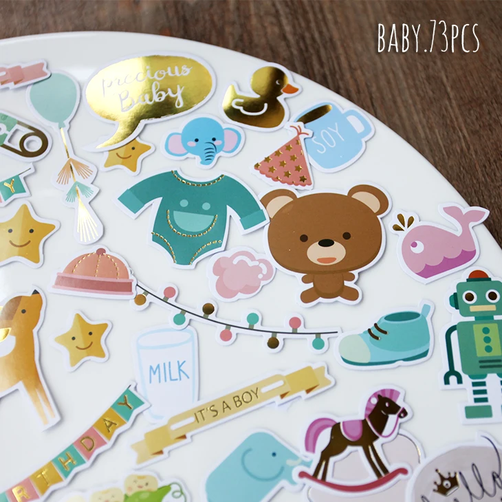 Cartoon stickers, decorative stickers, self adhesive stickers, custom stickers, stationery stickers, anime stickers, paper stickers, adhesive stickers, decorative labels stickers and roll packaging stickers 73pcs baby series die cut stickers